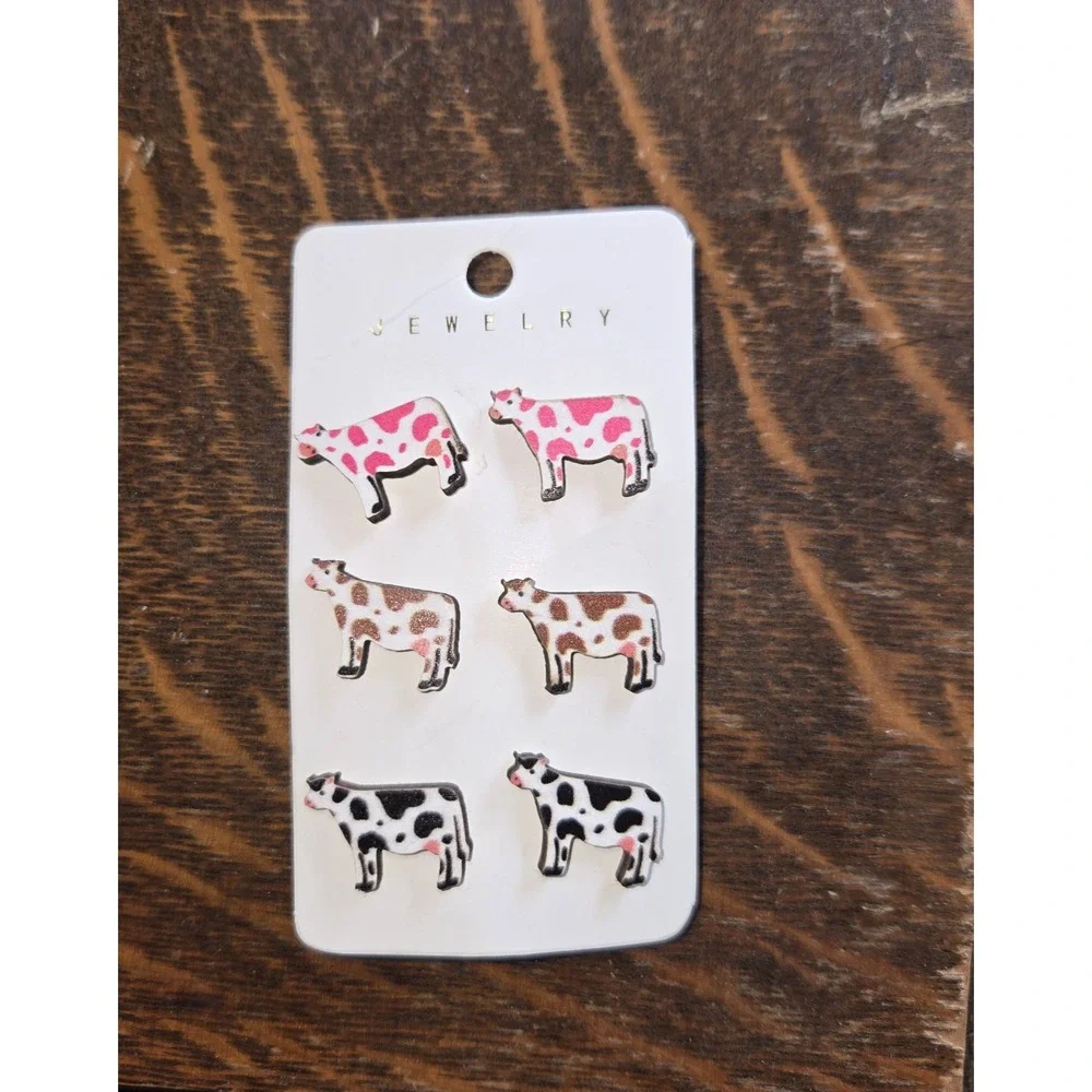 Spotted Cow Pierced Ear Earrings 3 Pair